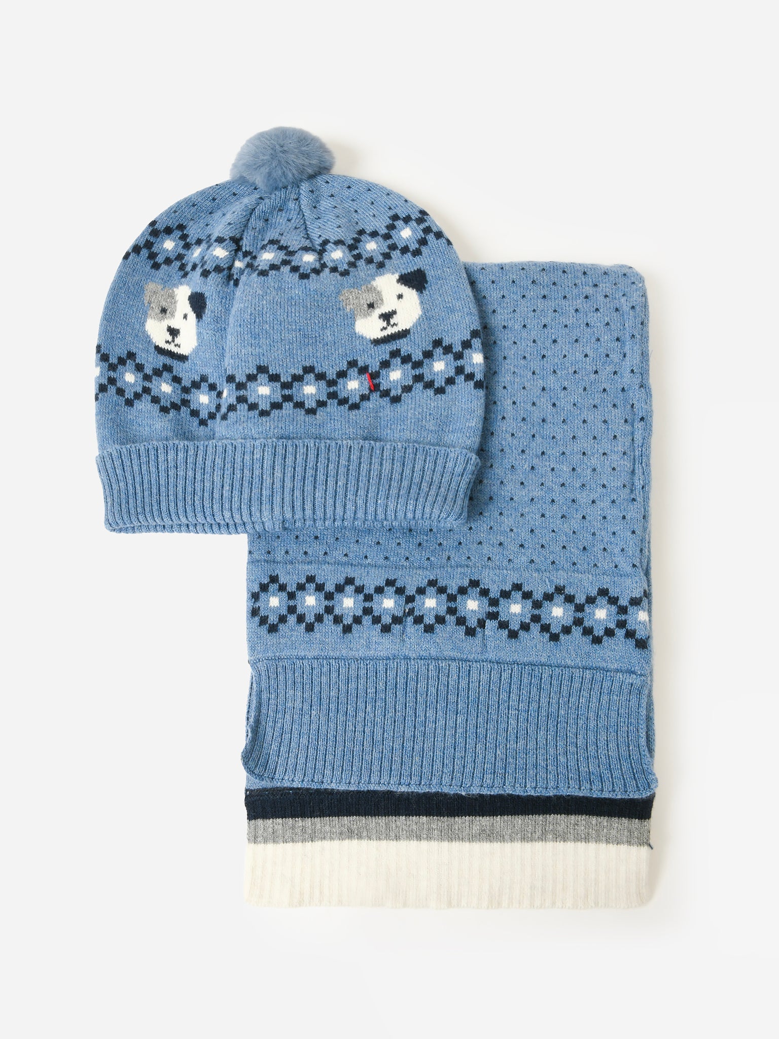 Kids Baby Blue Double Bobble Hat & Scarf Set