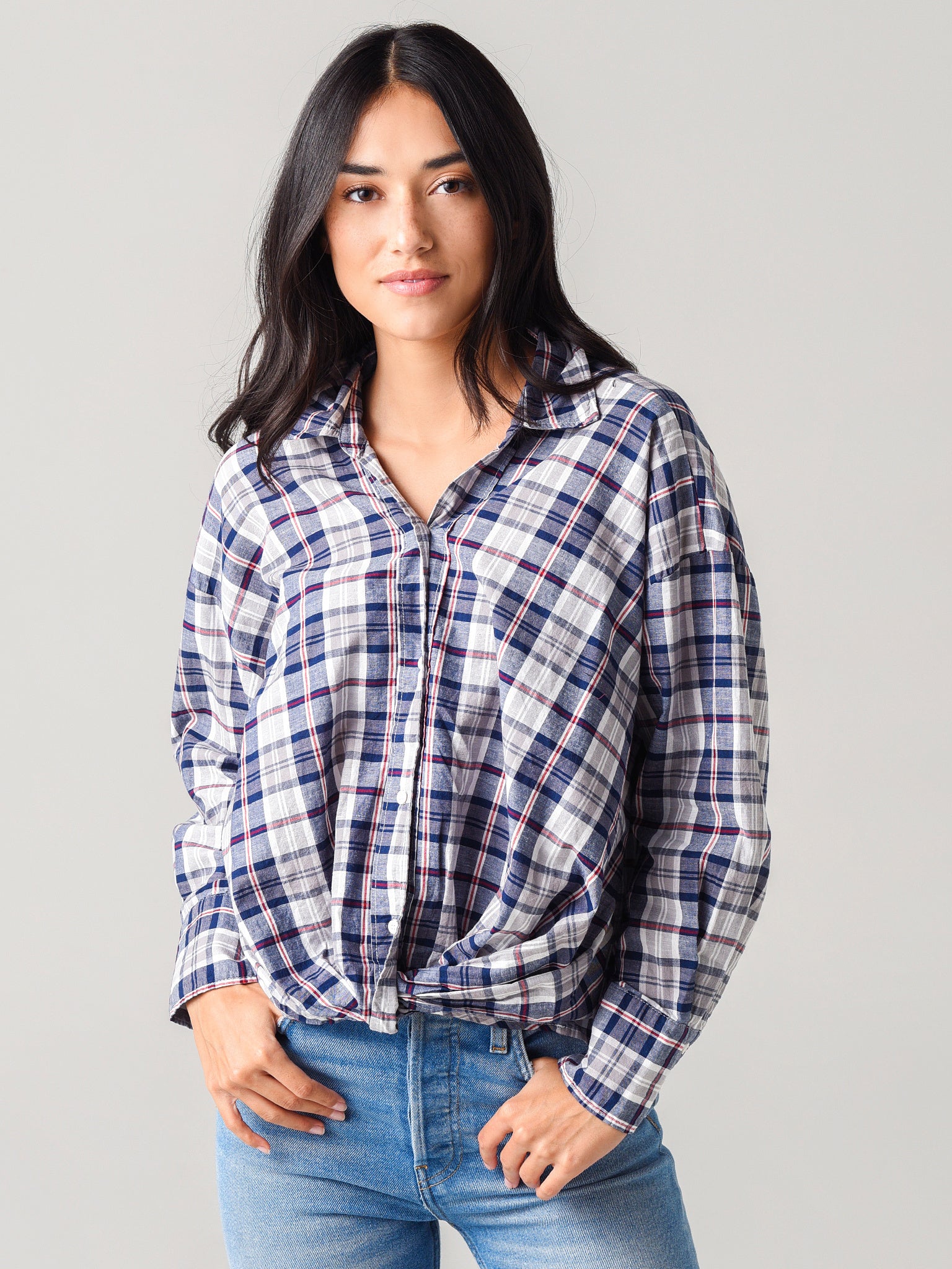 Stateside Women's Poplin Stripe Long Sleeve Front Twist Shirt