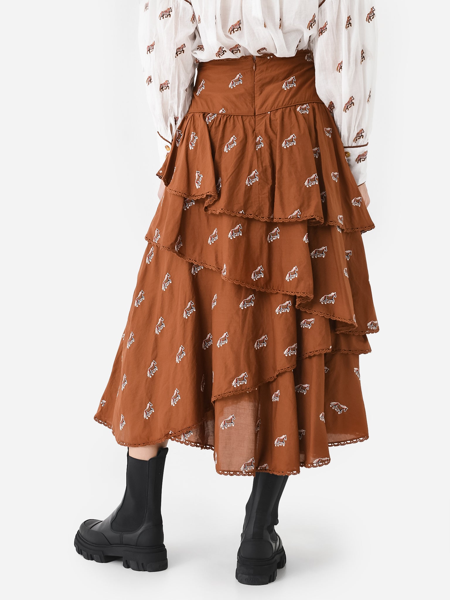 Farm Rio Maxi – Layered Horses Skirt Embroidered Women\'s