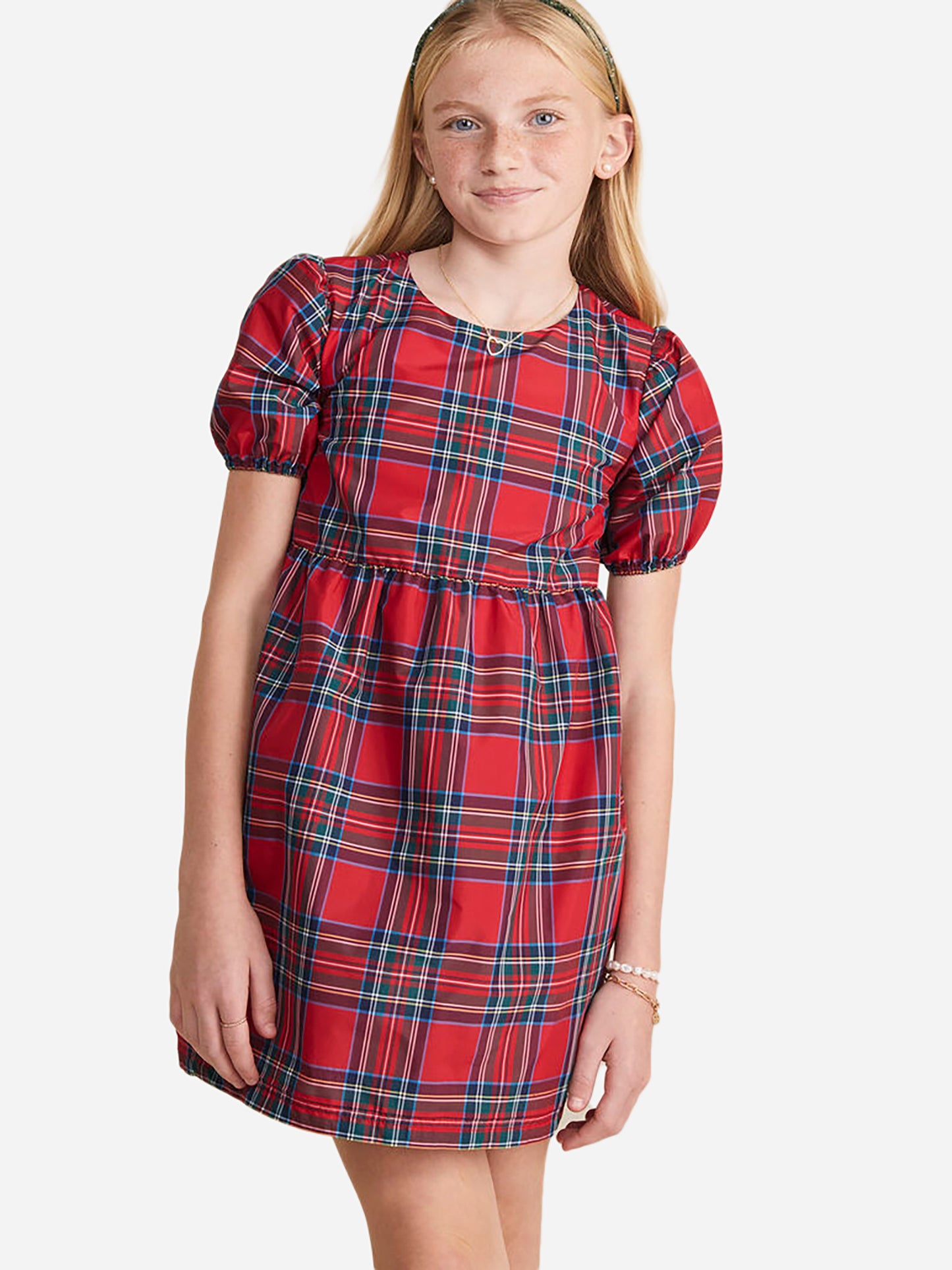 Vineyard Vines Girls' Taffeta Puff Sleeve Tartan Dress