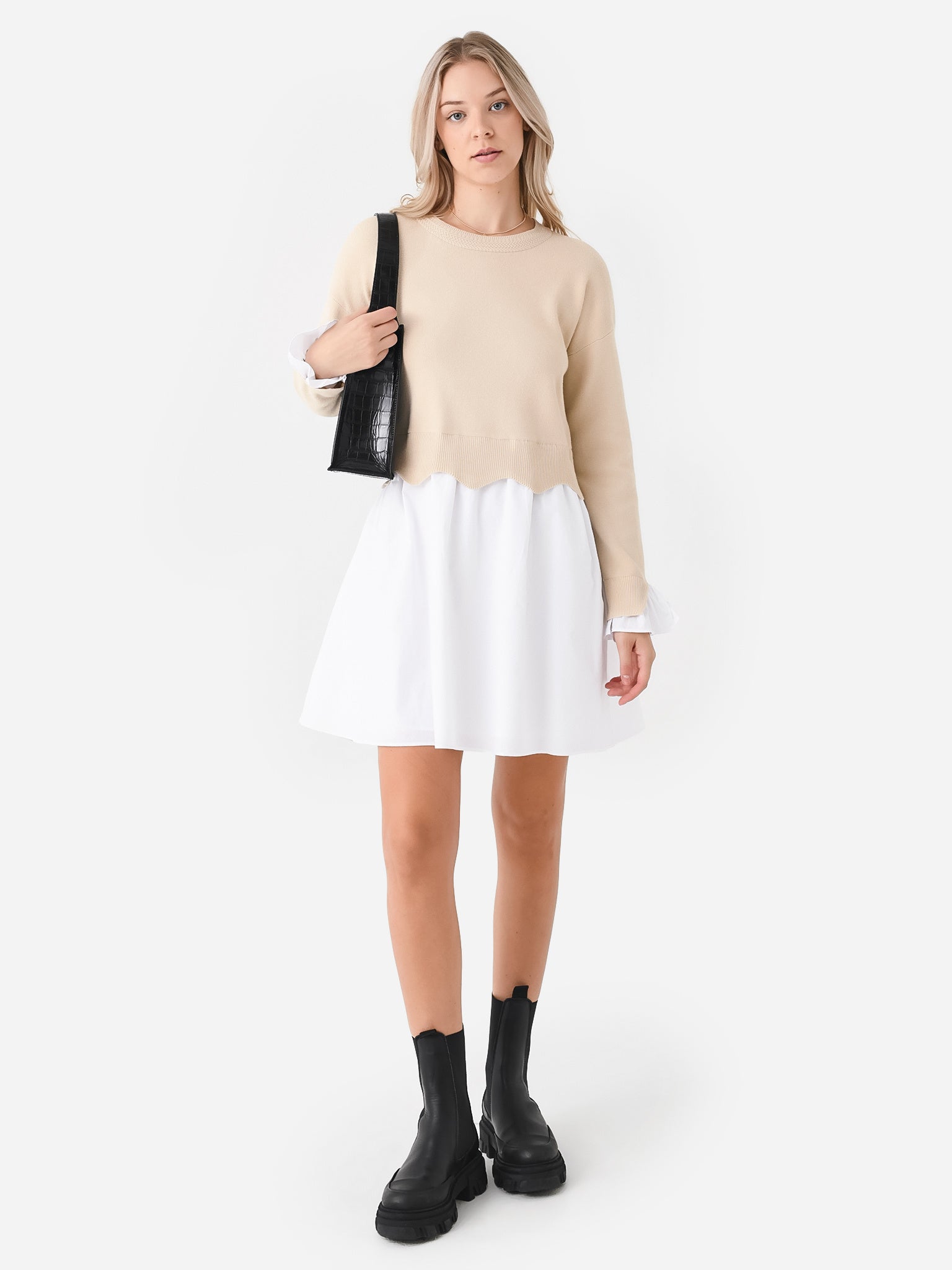 English Factory Women's Scalloped Knit Poplin Combo Dress