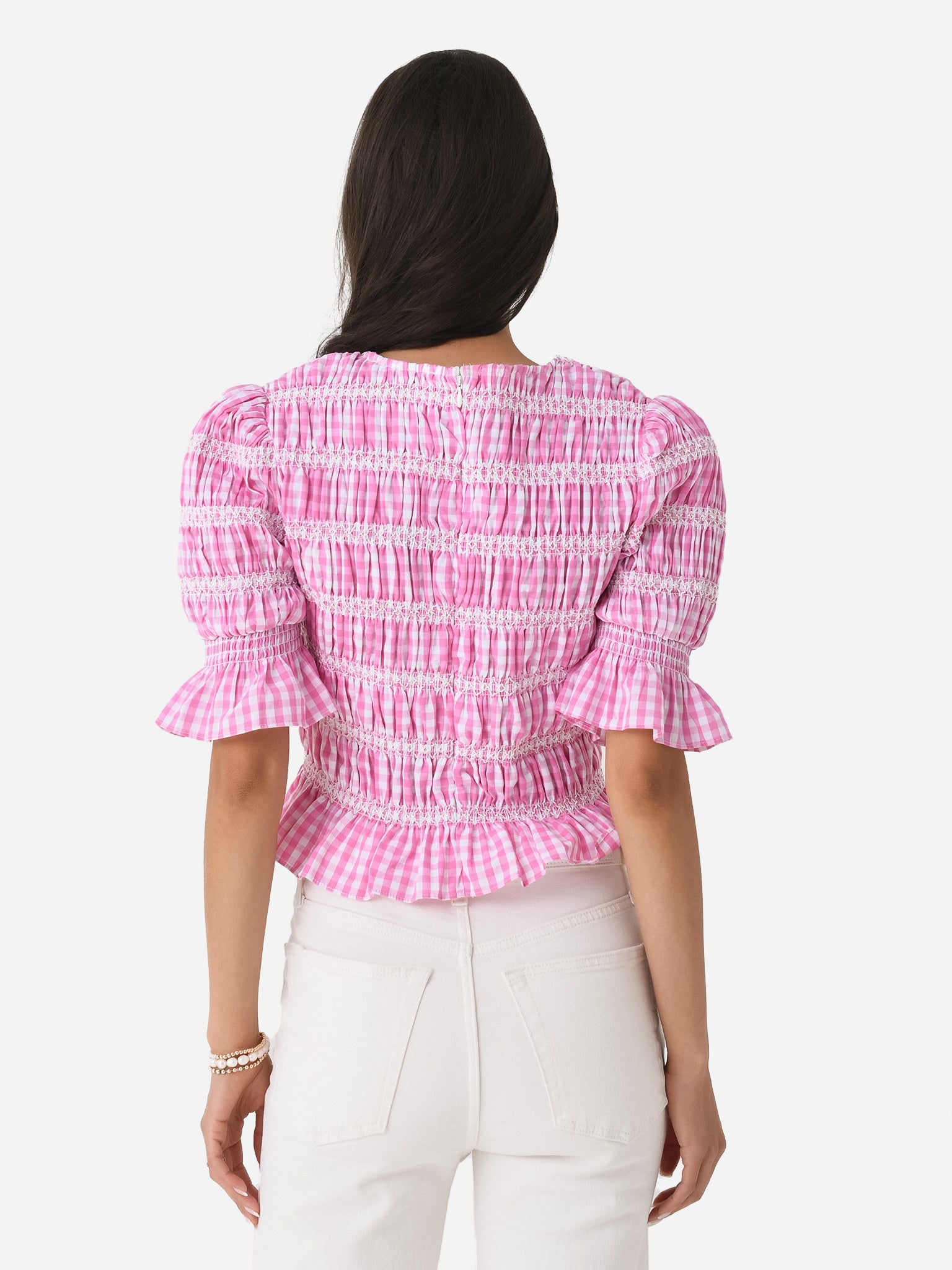 English Factory Women's Gingham Smocked Puff Sleeve Top