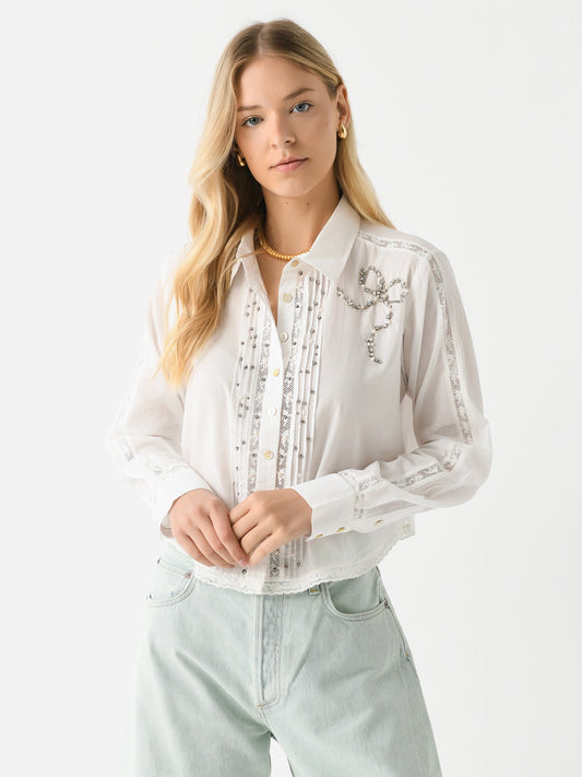 LoveShackFancy Women's Embellished Rosaway Cotton Bow Top