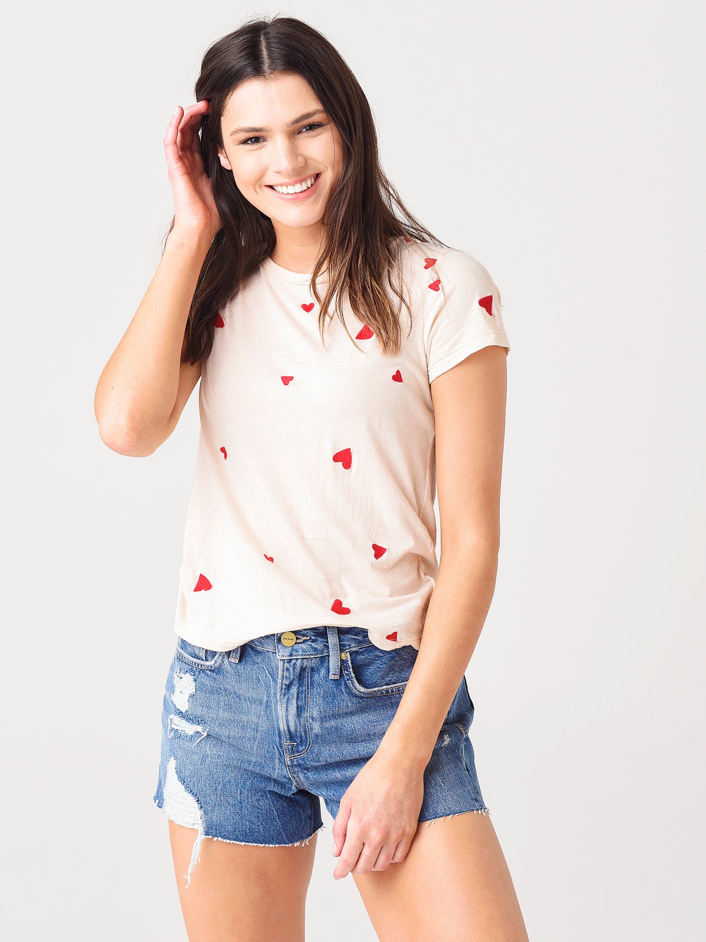 Monrow Women's All-Over Embroidered Heart 90's Tee