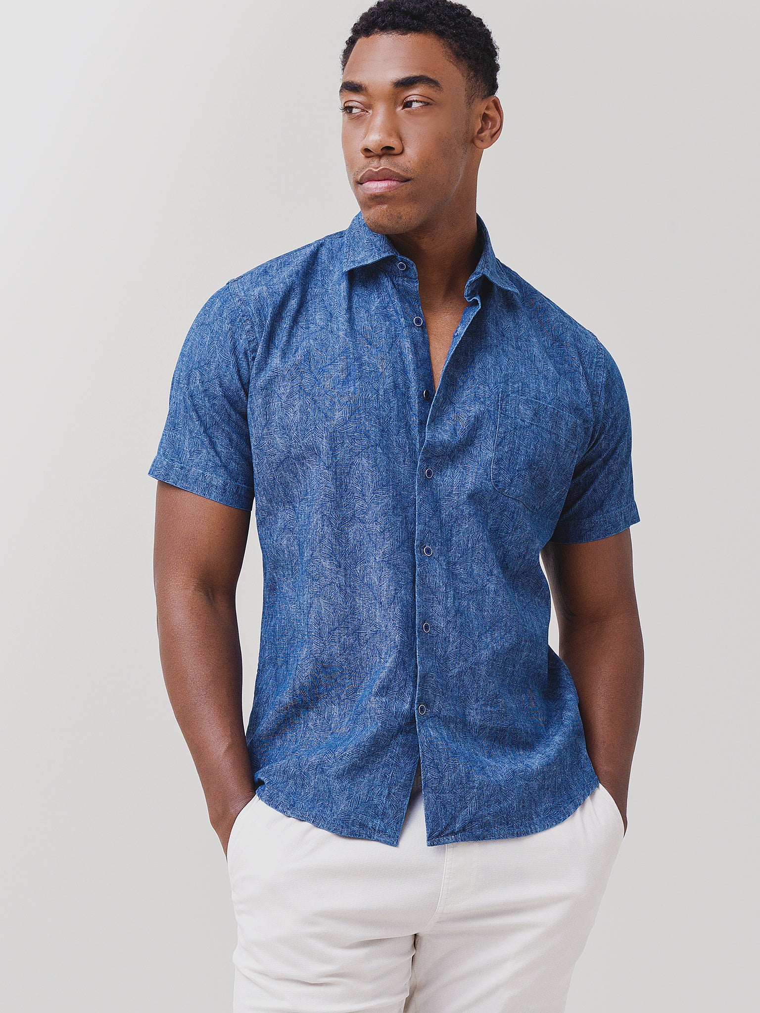 Peter Millar Seaside Men's Indigo Palms Cotton-Stretch Sport Shirt ...