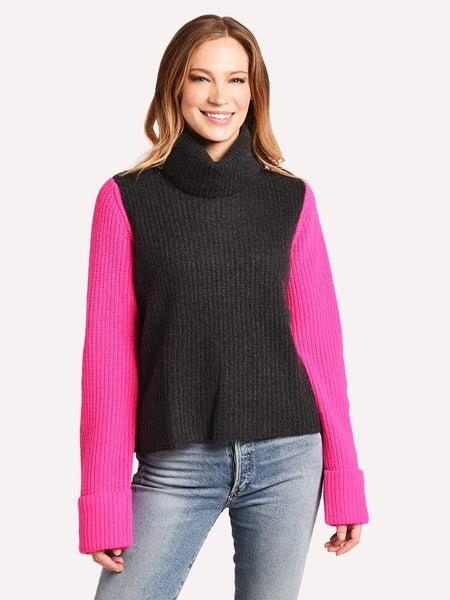 Autumn Cashmere Cuffed Color Block Shaker Mock Sweater