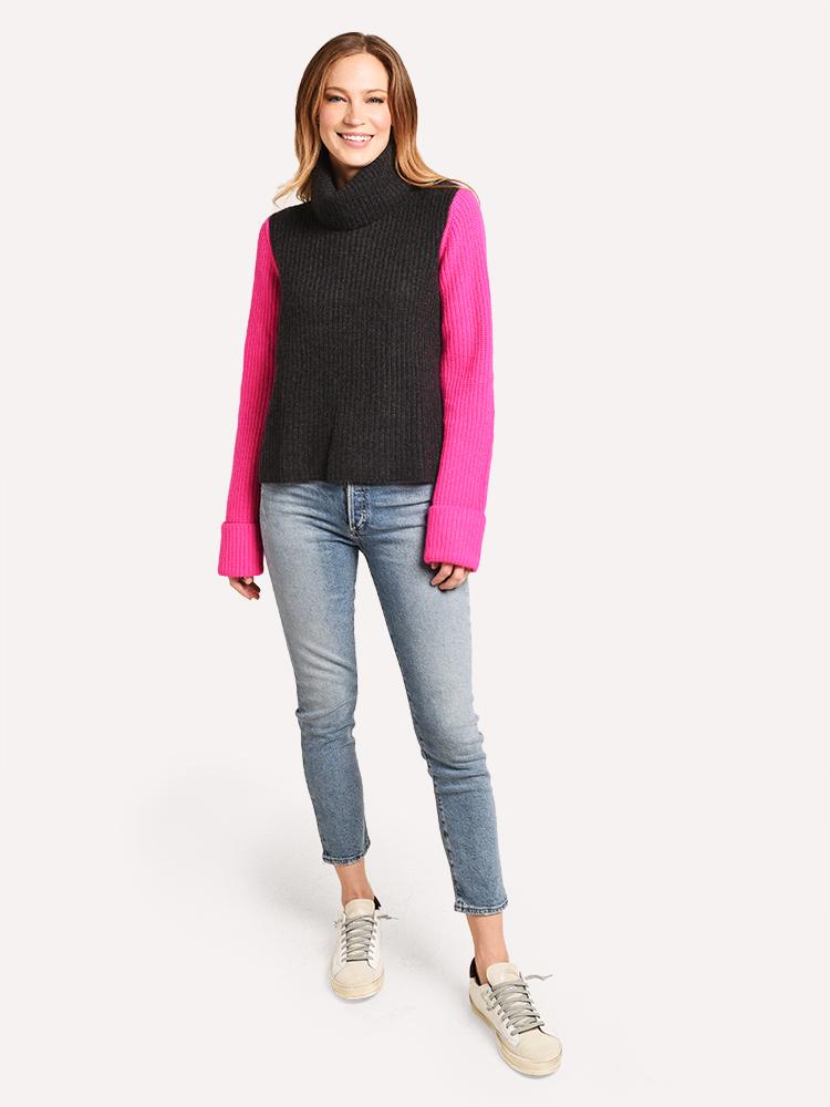 Autumn Cashmere Cuffed Color Block Shaker Mock Sweater